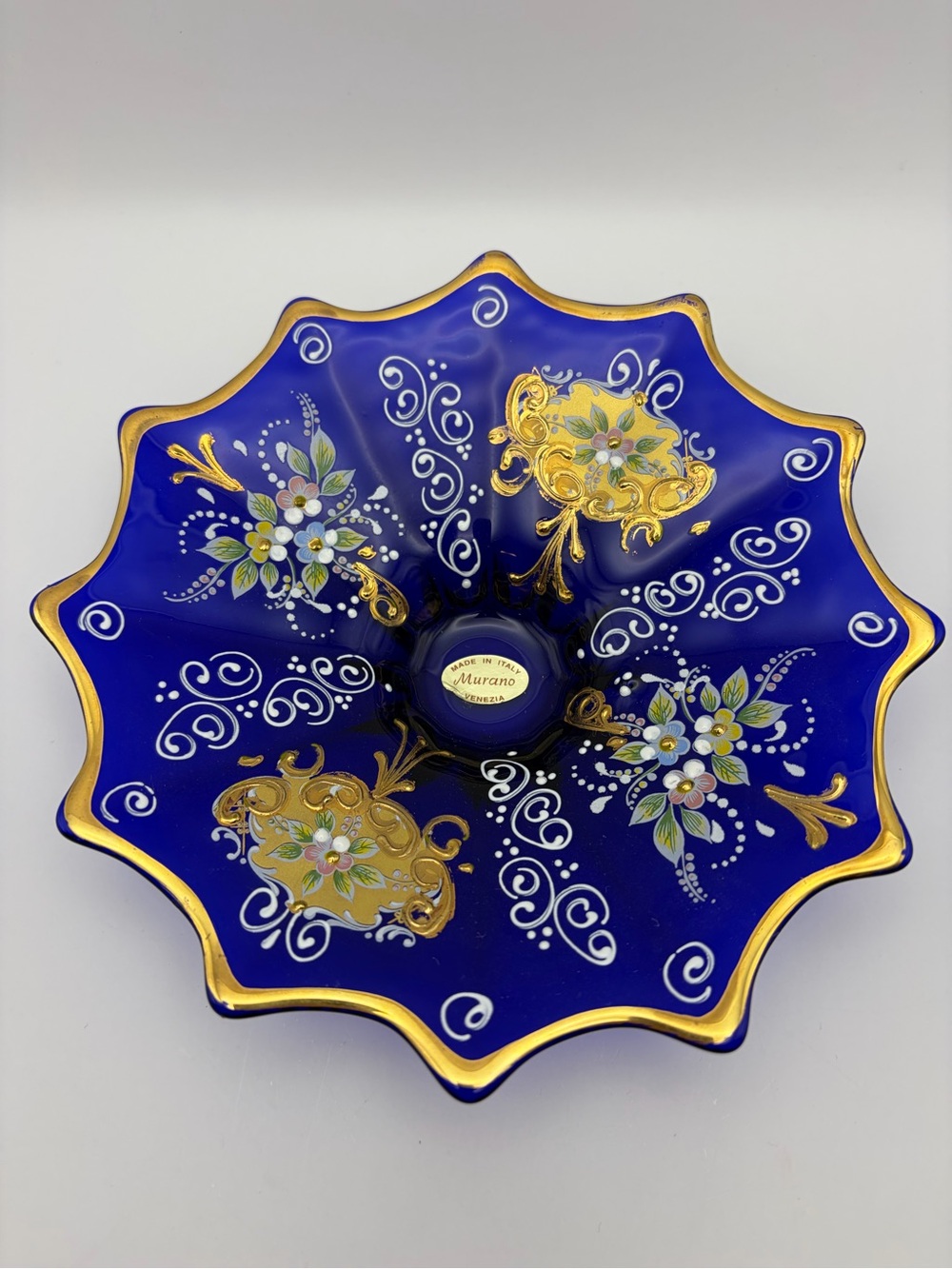 Murano Hand Painted, Glass Bowl, Made In Italy, Venezia, Cobalt Blue, Gold Trim